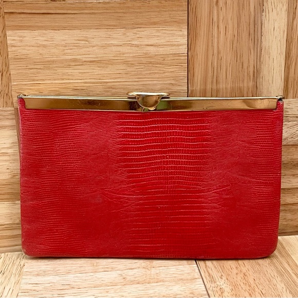 Vintage ETRA Genuine Leather Red Leather Kiss-Lock Convertible Clutch Bag - Picture 2 of 12